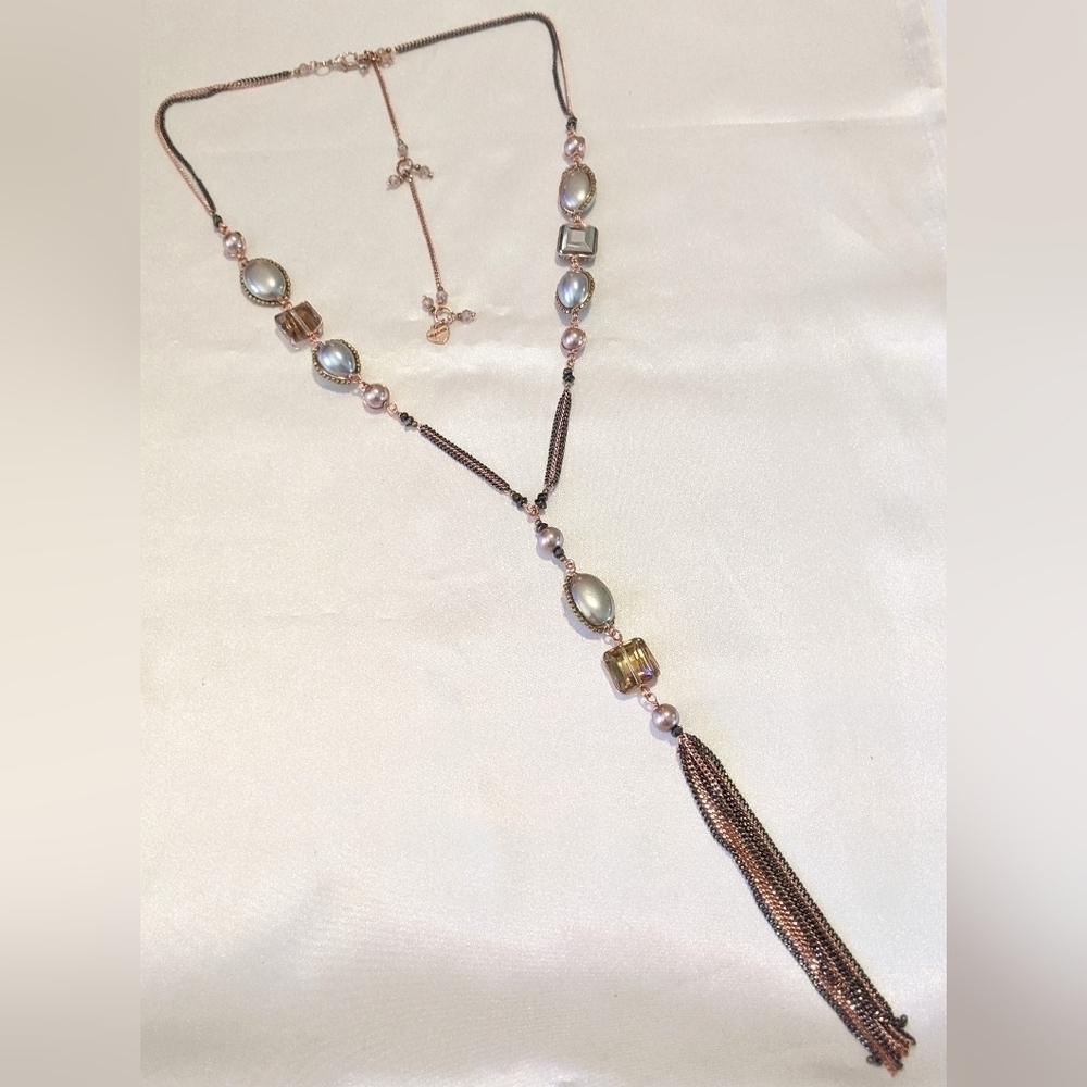 Fabulous Nakamol Mixed Media Fringe Tassel Necklace Pearls Crystals Rose Gold